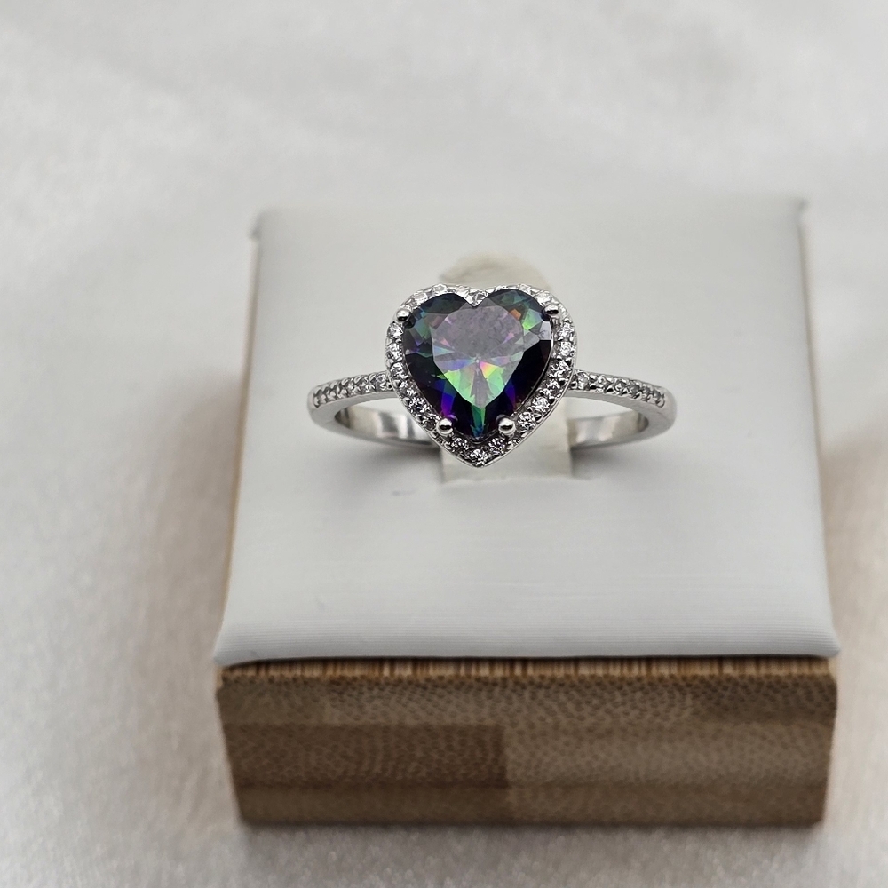 Sterling Silver 925 Halo Mystic Topaz Heart Shape Ring